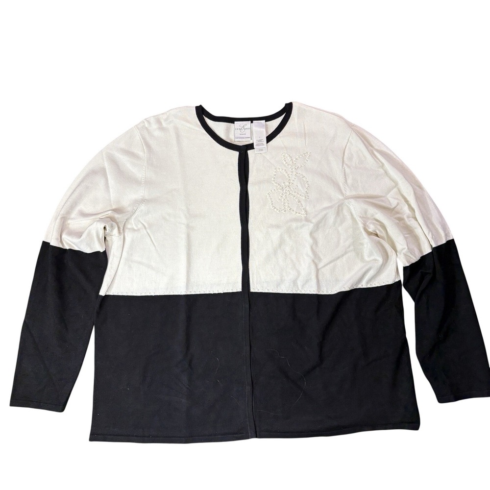 Emma James Color‎ Block Cardigan 1XL Women's Cream & Black Chic Preppy Office
